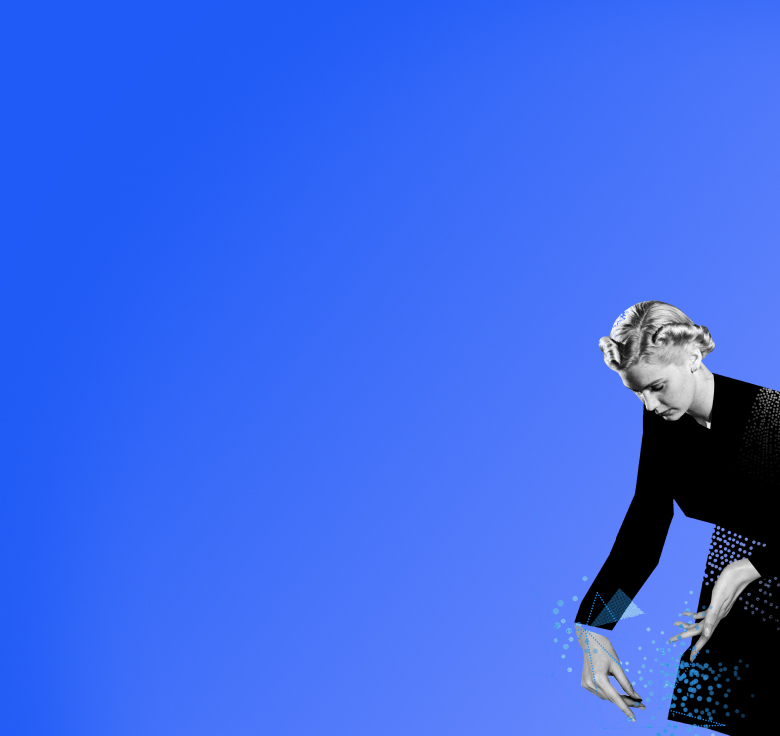 Eine Frau in einem dunklen Kleid berührt eine vernetzte, blaue Punktewolke.