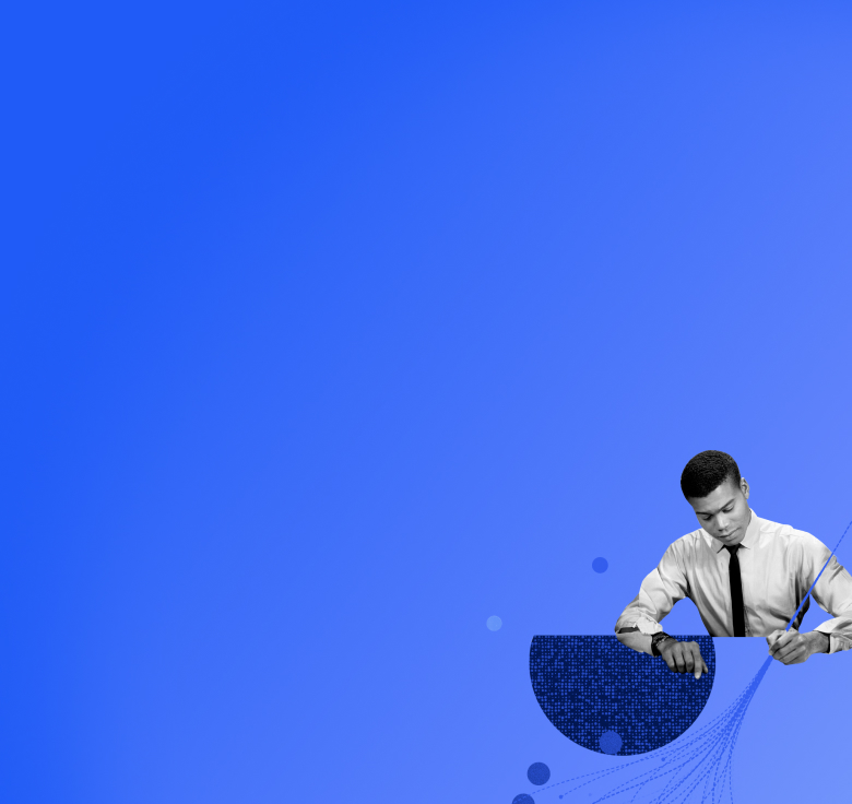 Ein Mann in Hemd und Krawatte arbeitet an einer abstrakten, digitalen Datenvisualisierung.