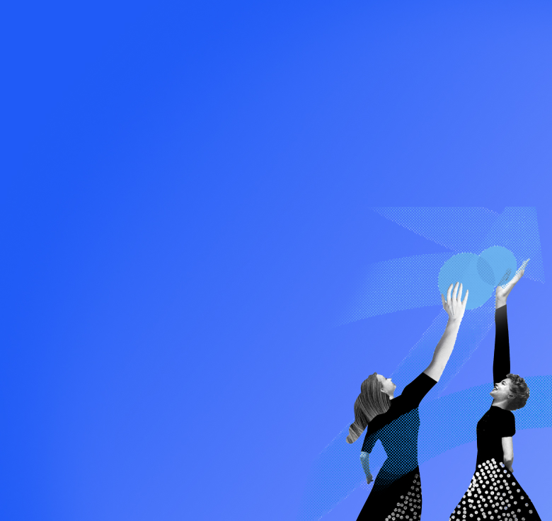 Zwei Frauen strecken die Hände nach einer blauen Kugel in einem blauen, gestrichelten Strahlenfeld aus.