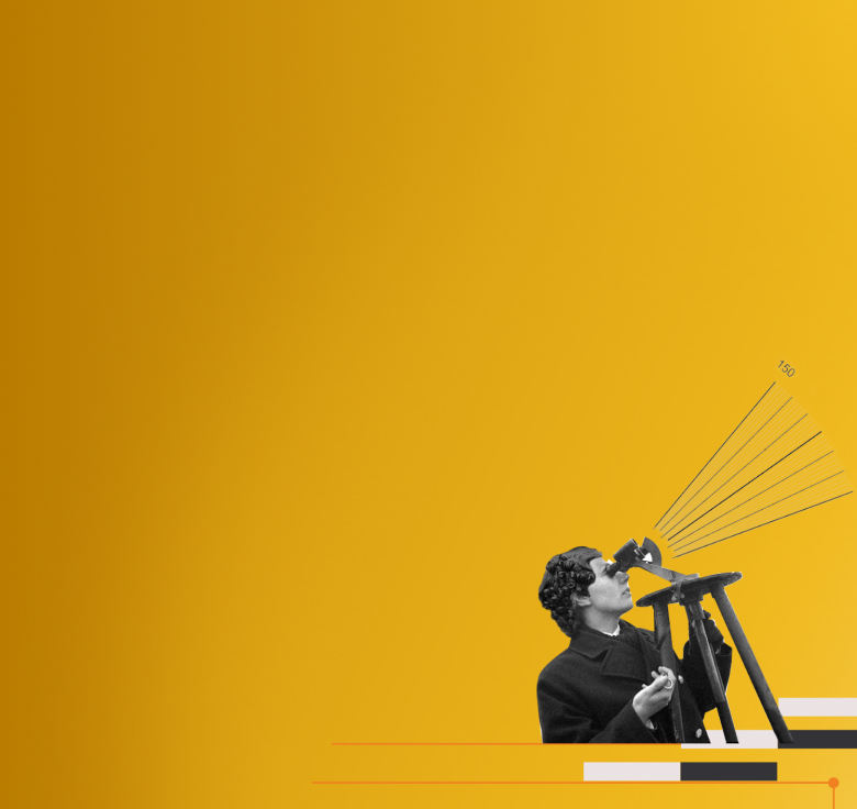 Eine Person schaut durch ein großes Fernglas, das auf einem Stativ steht, auf einem gelben Hintergrund.