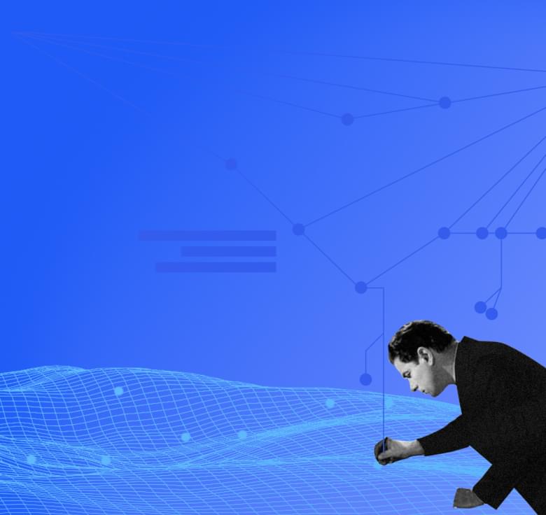 Ein Mann im Anzug kniet und manipuliert Fäden wie ein Puppenspieler vor einem blauen Hintergrund mit Datendiagrammen und einem 3D-Gittermuster.