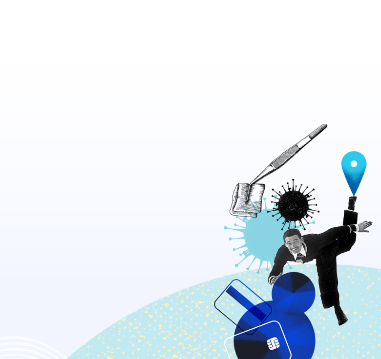 Ein Mann in Anzug und Schuhen schwebt über Kreditkarten und einer Virusdarstellung.