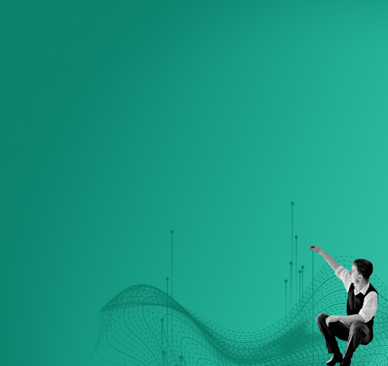 Ein Mann sitzt auf abstrakten grünen Wellenlinien und zieht Datenpunkte entlang einer Linie in die Luft.