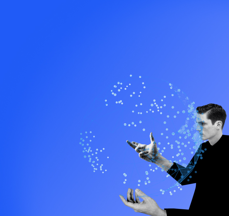 Ein Mann berührt eine kugelförmige Wolke aus leuchtend blauen Punkten.