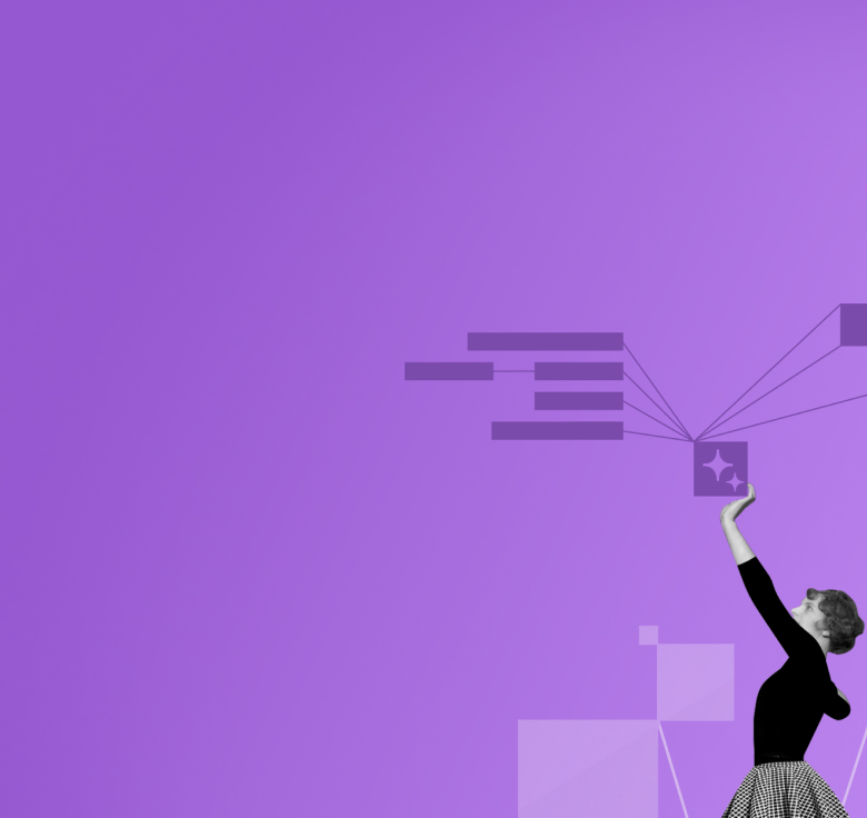 Rückansicht einer Frau im gepunkteten Rock, die auf ein verzweigtes Netzwerk mit Textfeldern vor violettem Hintergrund zeigt.