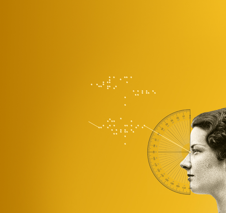 Seitenprofil einer Frau, deren Auge das Zentrum eines großen Winkelmessers bildet, neben einer abstrakten Punktewolke.