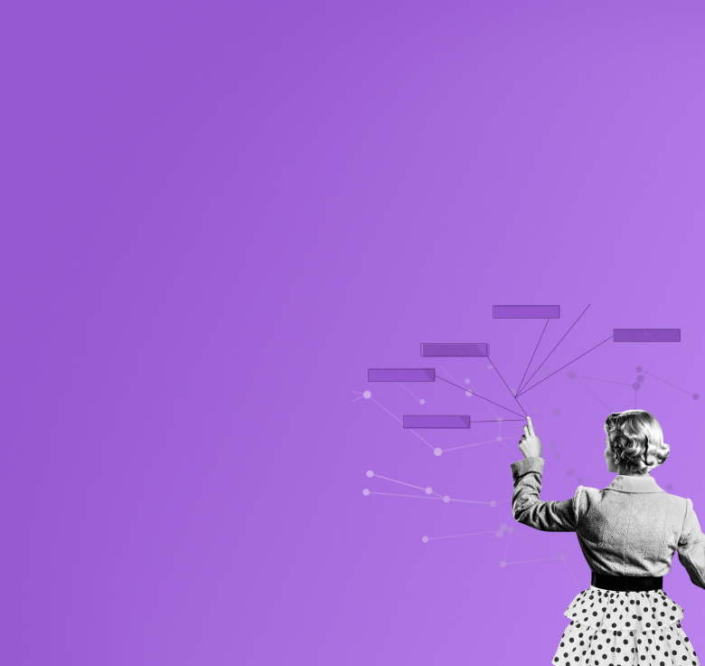 Eine Frau streckt sich nach einem leuchtenden Quadrat mit einem KI-Symbol aus, verbunden mit einem Prozessdiagramm auf violettem Grund.