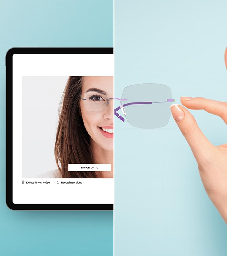 Eine Hand hält eine randlose Brille, die nahtlos von einem digitalen Anprobebild auf einem Tablet ins echte Leben übergeht.