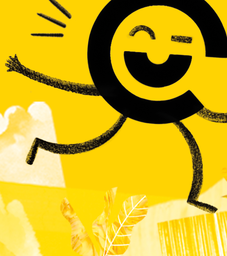 Das Cooper Maskottchen springt fröhlich vor einem gelben Hintergrund durch das Bild.