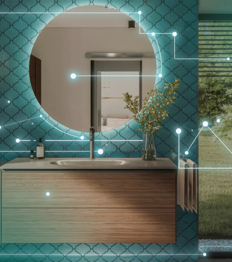 Modernes Badezimmer mit türkis gemusterter Fliesenwand, rundem Spiegel und schwebendem Waschtisch aus Holz. Dezente Lichtpunkte und vernetzte Linien überlagern das Bild und symbolisieren digitale Vernetzung.