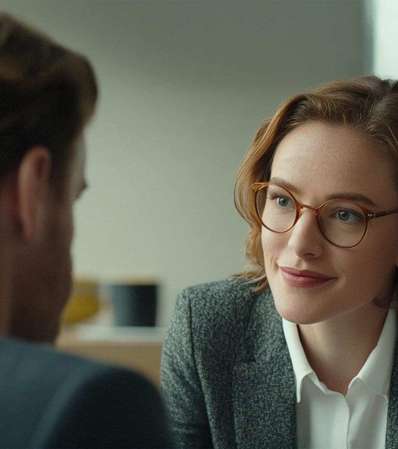 Frau mit Brille lächelt einem Mann im Anzug zu, beide in einem Gespräch in professioneller Umgebung.