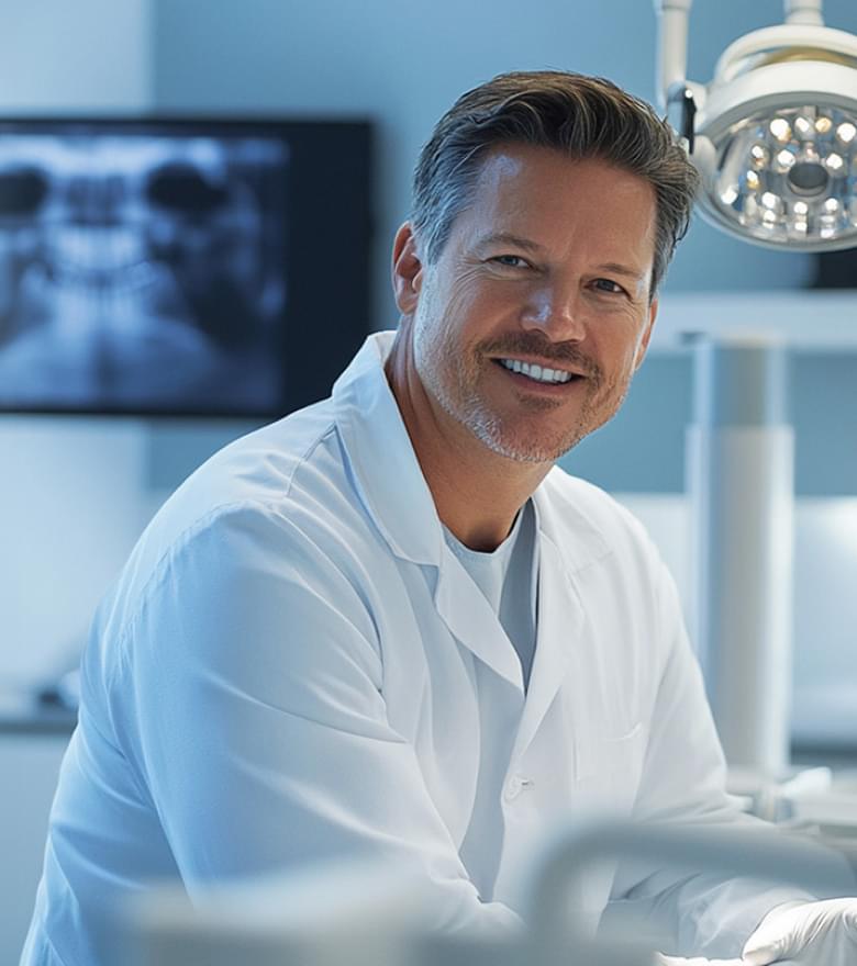 Ein Zahnarzt lächelt in die Kamera, er sitzt in einer Praxis und im Hintergrund befindet sich ein Röntgenbild von Zähnen.