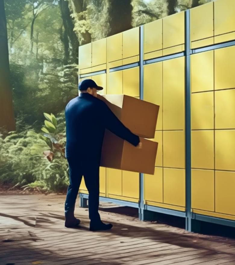 Ein Paketzusteller stellt Pakete an eine gelbe Paketstation mitten im Wald zu.
