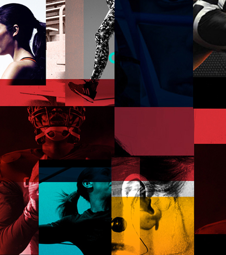 Collage aus Sportaufnahmen in Bewegung, überlagert mit roten, blauen, gelben und schwarzen Farbstreifen.