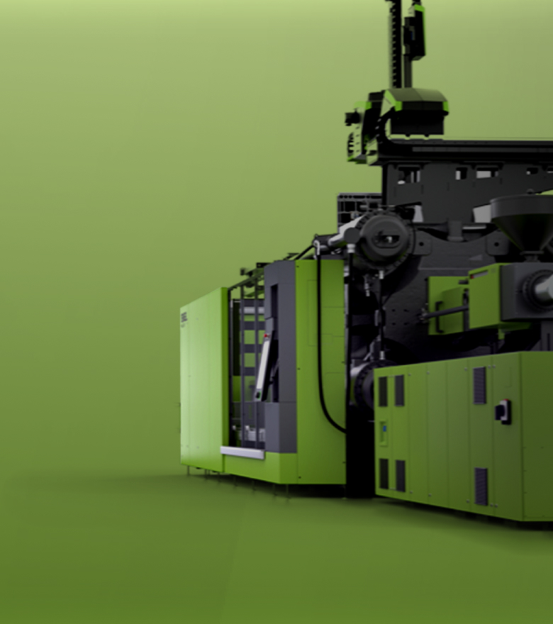 Eine grüne ENGEL-Spritzgussmaschine auf einem grünen Hintergrund mit einem sanften Verlauf.