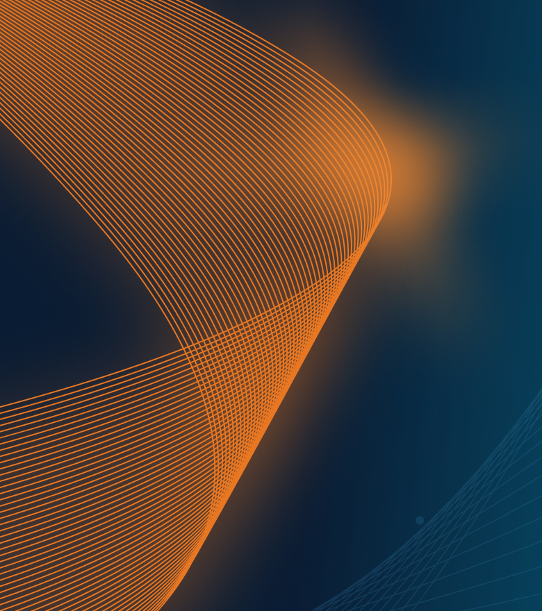 Abstrakte digitale Illustration mit einer leuchtend orangefarbenen, geschwungenen Linie auf dunkelblauem Hintergrund.