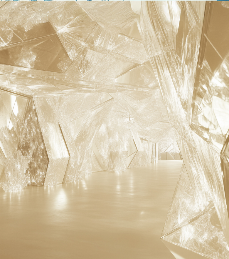 Goldschimmernder Kristallraum mit facettenreichen, spiegelnden Flächen und plastischen Strukturen in futuristischem Design.