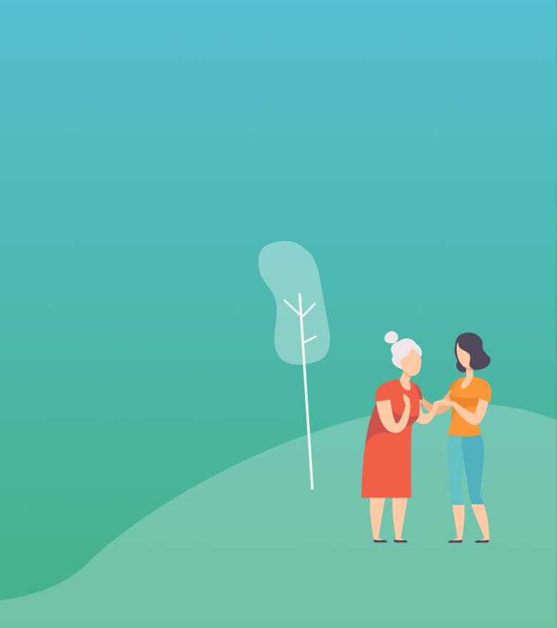 Illustration von zwei Frauen im Gespräch auf grünem Feld mit stilisierten Bäumen vor blau-grünem Hintergrund.