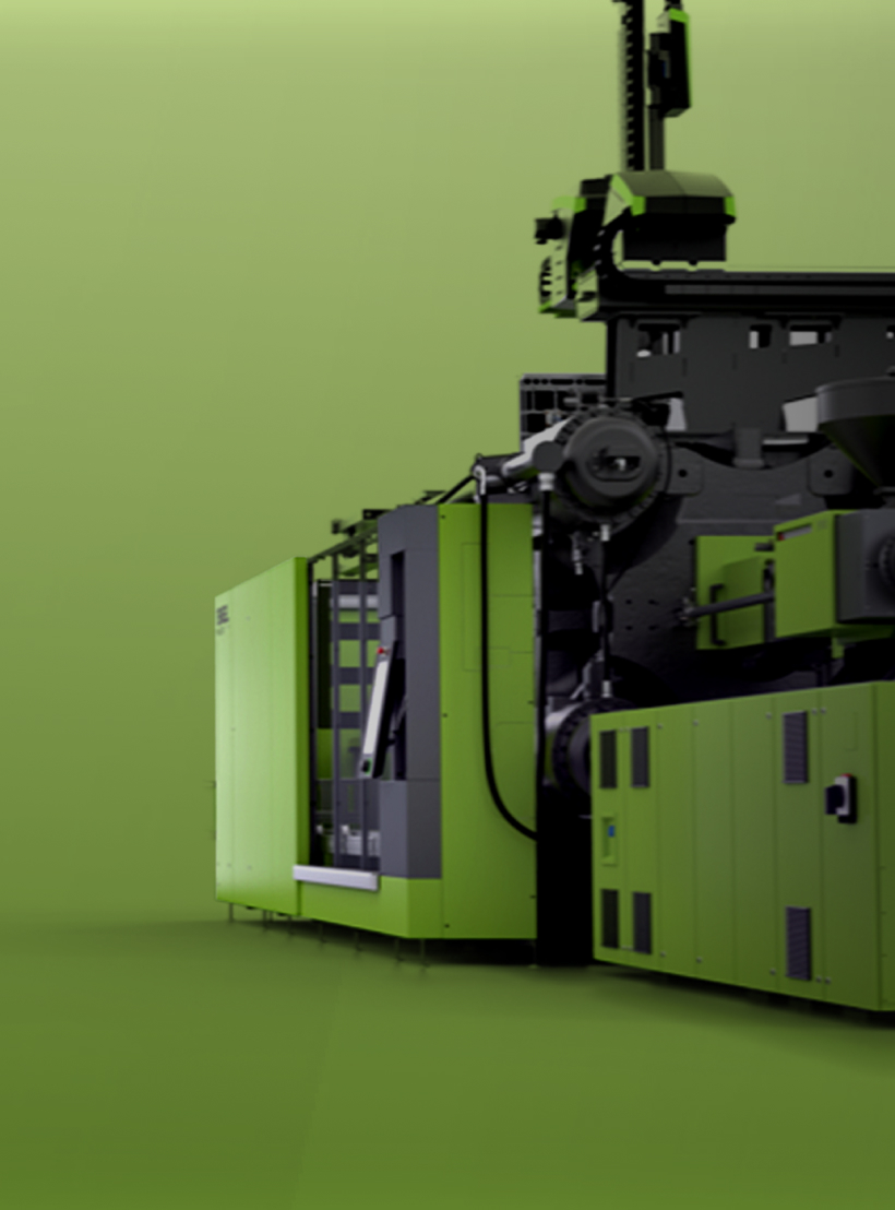 Eine grüne ENGEL-Spritzgussmaschine auf einem grünen Hintergrund mit einem sanften Verlauf.