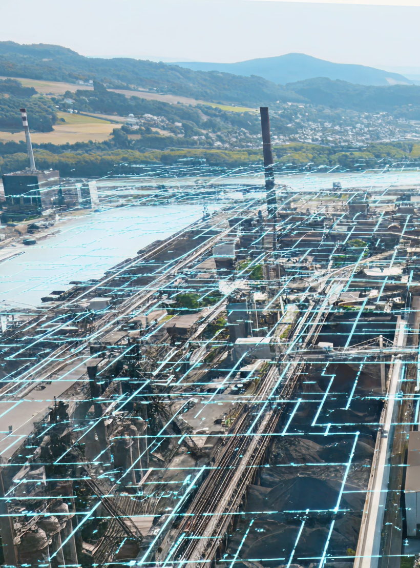 Luftaufnahme eines industriellen Stahlwerks mit digitaler Gitterüberlagerung