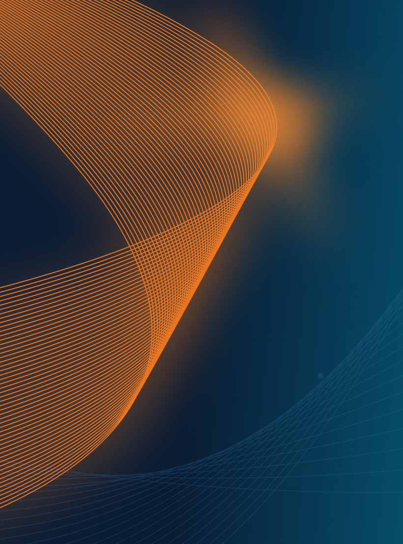 Abstrakte digitale Illustration mit einer leuchtend orangefarbenen, geschwungenen Linie auf dunkelblauem Hintergrund.