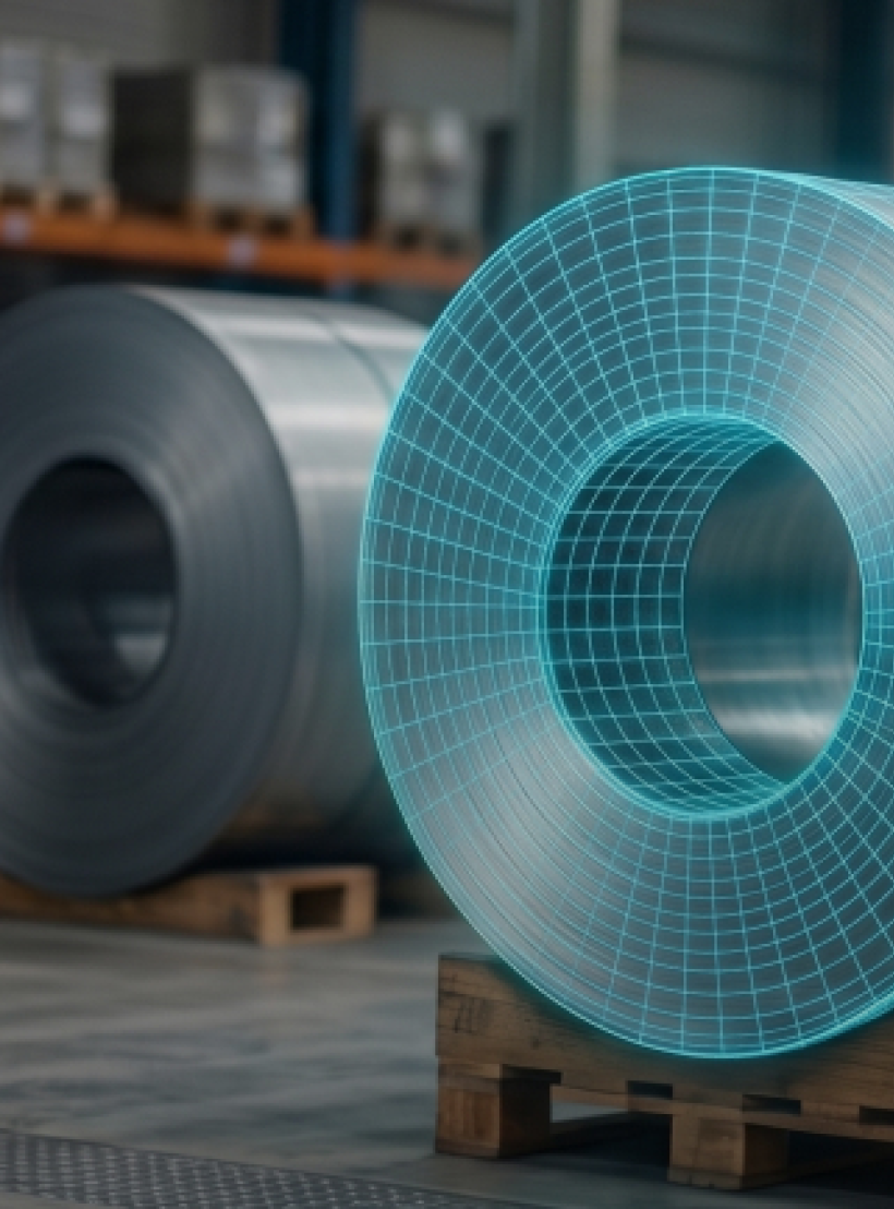 Rollen aus Stahl in einem Lagerhaus, wobei eine Rolle durch eine digitale Rasterüberlagerung hervorgehoben ist, die auf Holzpaletten platziert sind.