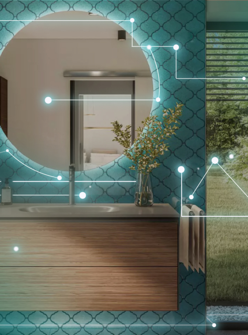 Modernes Badezimmer mit türkis gemusterter Fliesenwand, rundem Spiegel und schwebendem Waschtisch aus Holz. Dezente Lichtpunkte und vernetzte Linien überlagern das Bild und symbolisieren digitale Vernetzung.