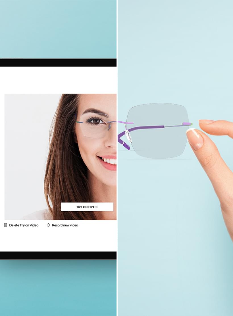 Eine Hand hält eine randlose Brille, die nahtlos von einem digitalen Anprobebild auf einem Tablet ins echte Leben übergeht.