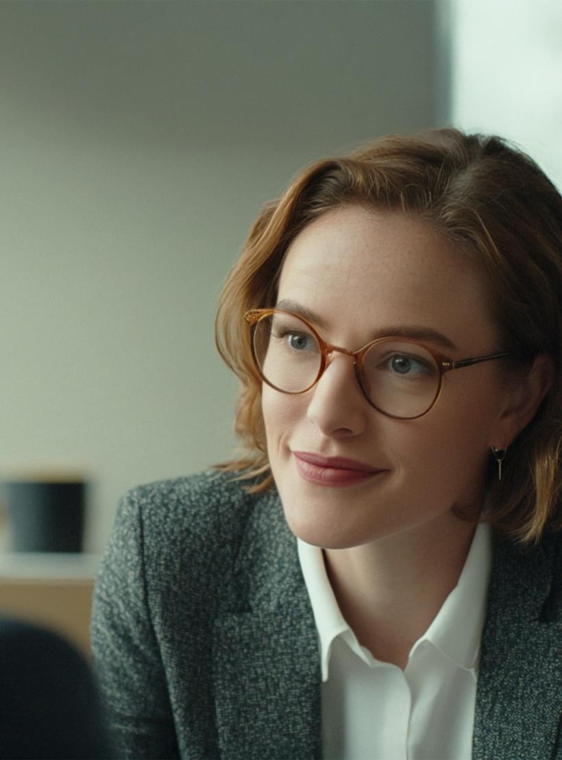 Frau mit Brille lächelt einem Mann im Anzug zu, beide in einem Gespräch in professioneller Umgebung.