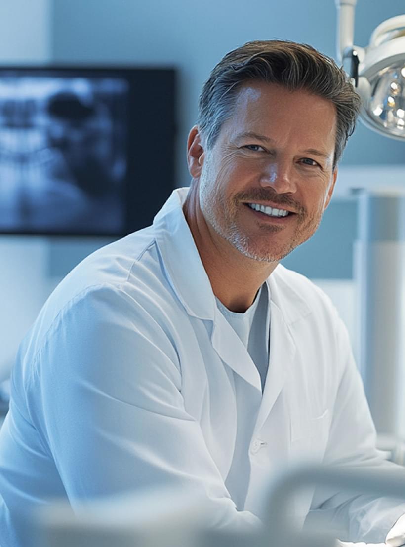 Ein Zahnarzt lächelt in die Kamera, er sitzt in einer Praxis und im Hintergrund befindet sich ein Röntgenbild von Zähnen.