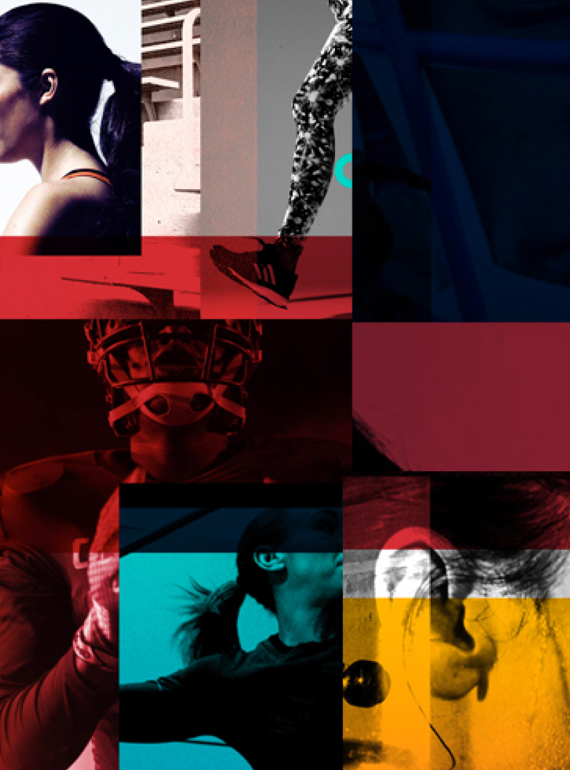 Collage aus Sportaufnahmen in Bewegung, überlagert mit roten, blauen, gelben und schwarzen Farbstreifen.