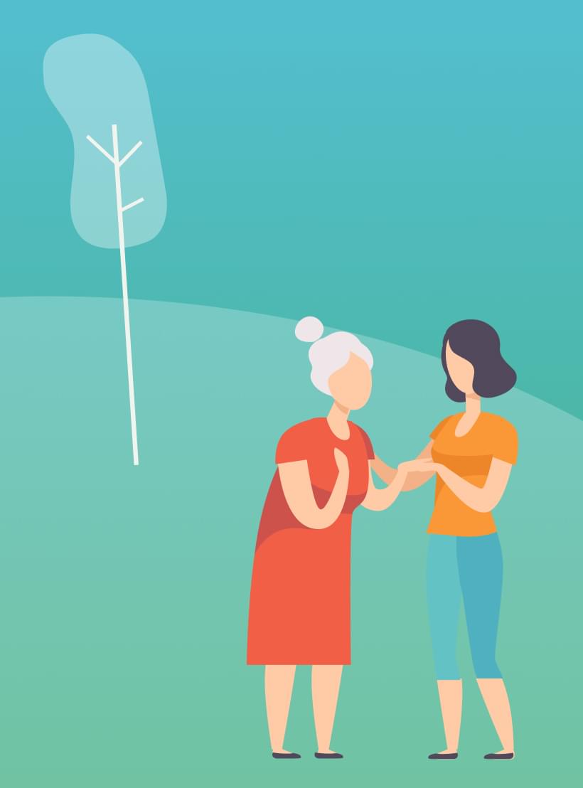 Illustration von zwei Frauen im Gespräch auf grünem Feld mit stilisierten Bäumen vor blau-grünem Hintergrund.