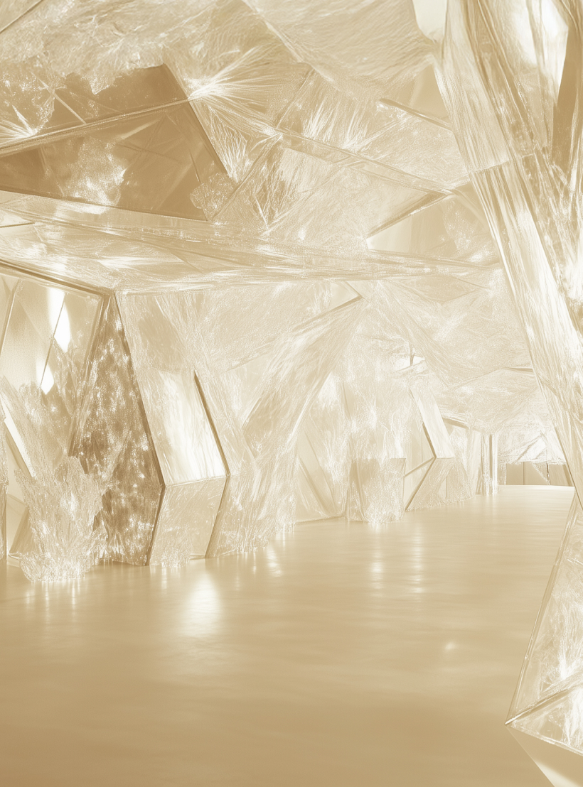 Goldschimmernder Kristallraum mit facettenreichen, spiegelnden Flächen und plastischen Strukturen in futuristischem Design.