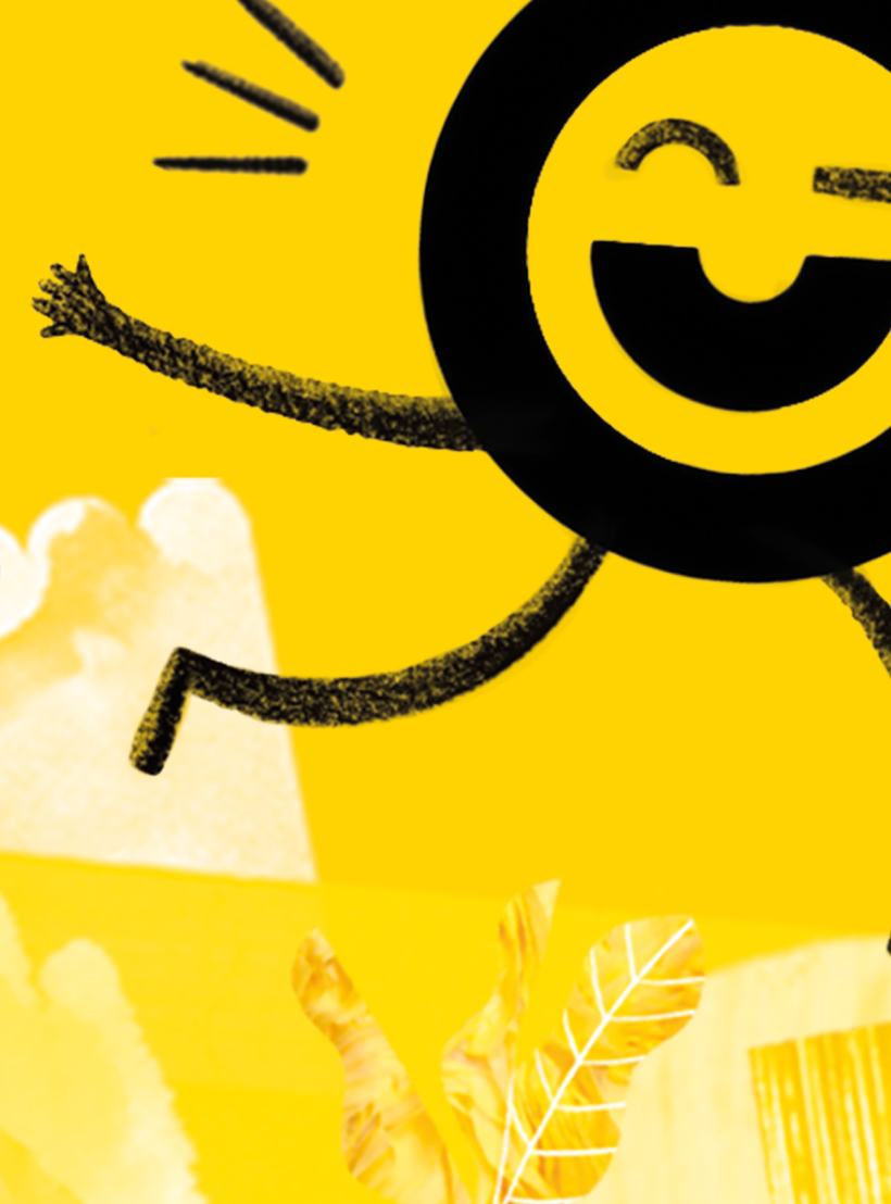 Das Cooper Maskottchen springt fröhlich vor einem gelben Hintergrund durch das Bild.