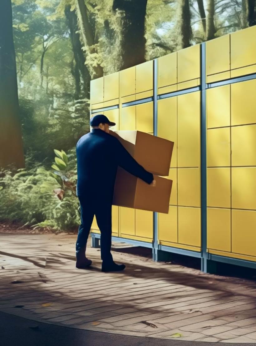 Ein Paketzusteller stellt Pakete an eine gelbe Paketstation mitten im Wald zu.