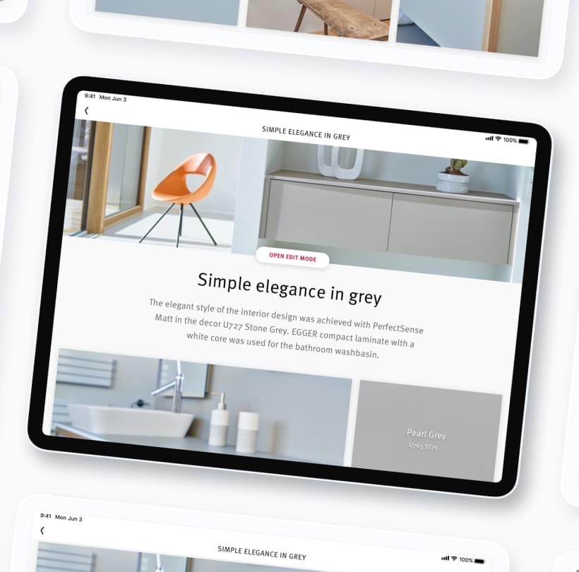 Moodboard auf einem Tablet mit EGGER App zeigt Interior Design in Grau mit Dekoren wie Stone Grey und Pearl Grey.